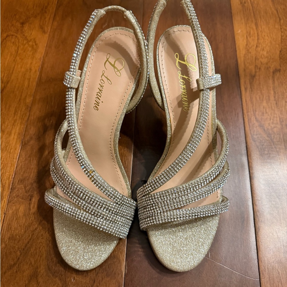 Gold Glitter Slingback Heels with Crystal Straps